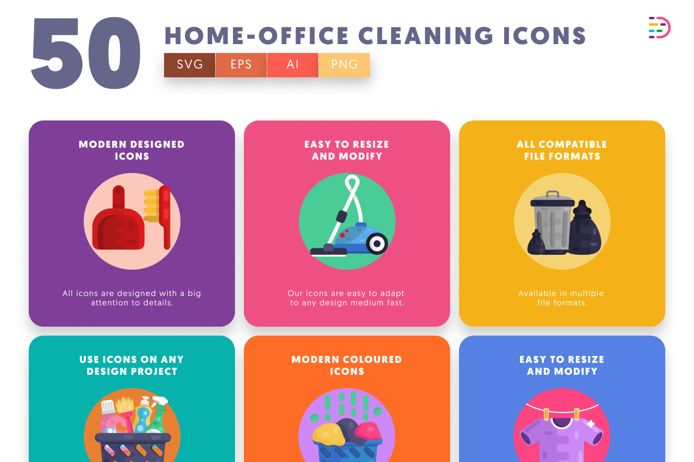 50 Home and Office Cleaning Icons preview 5 – illustrated icons in PNG, SVG and EPS