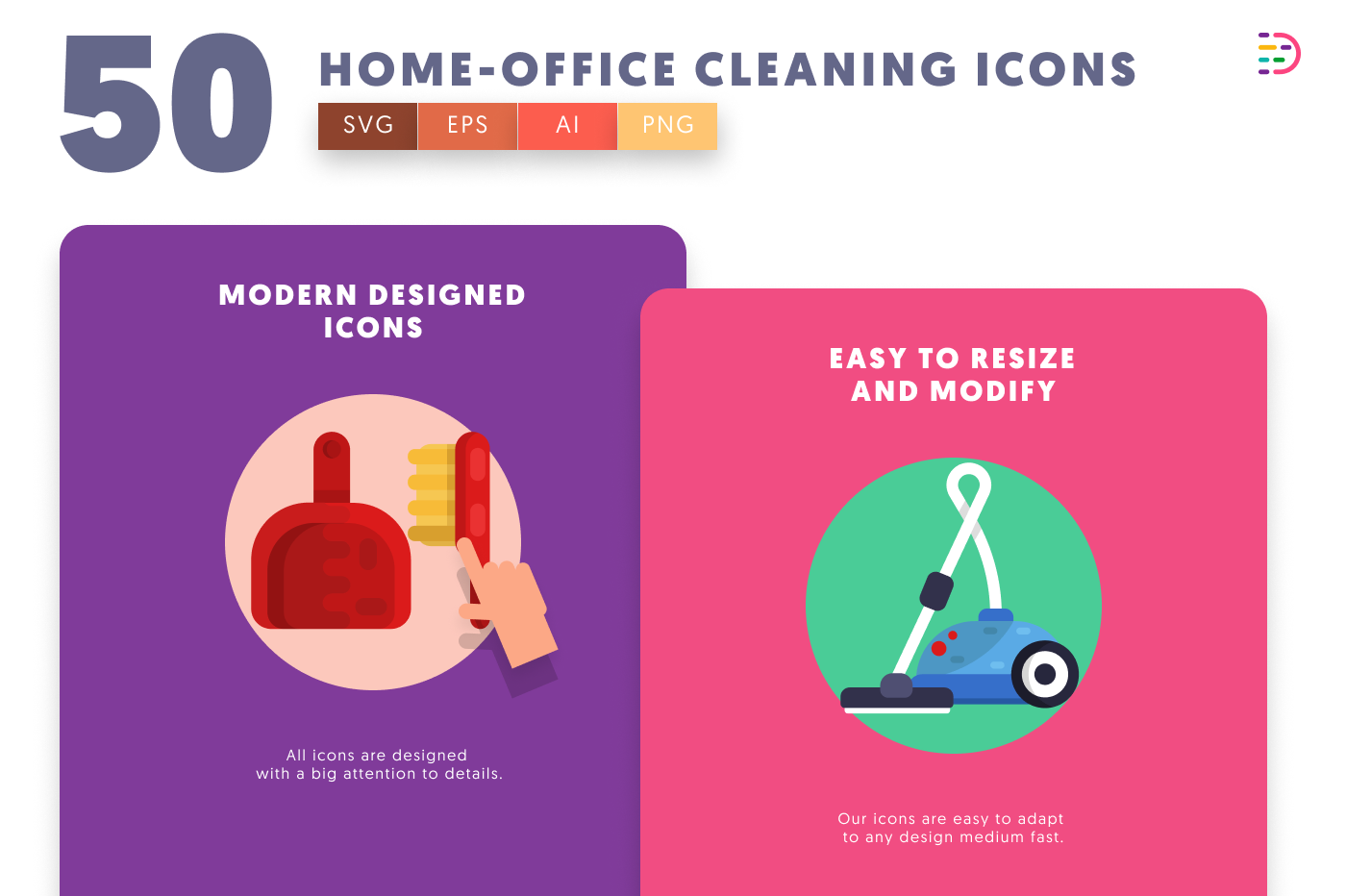 50 Home and Office Cleaning Icons cover – illustrated icons in PNG, SVG and EPS