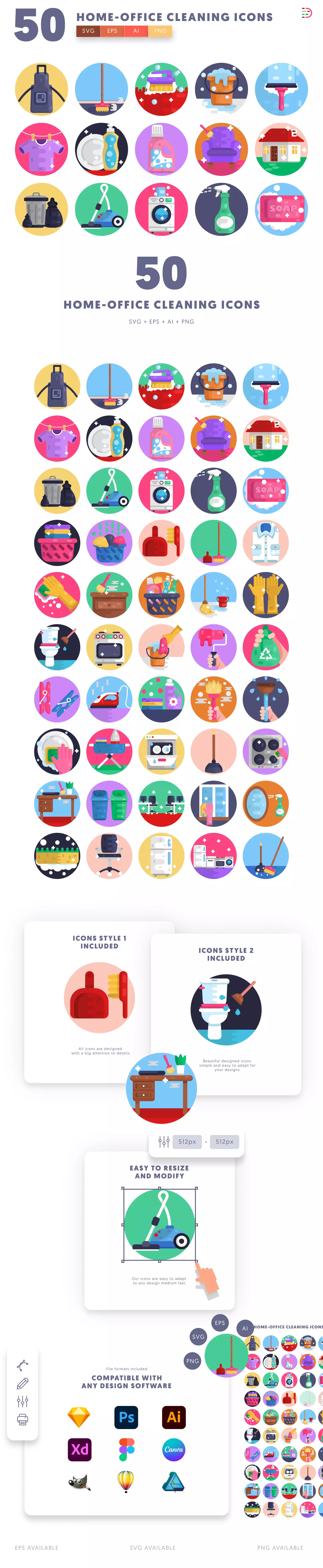 50 Home and Office Cleaning Icons cover – illustrated icons in PNG, SVG and EPS