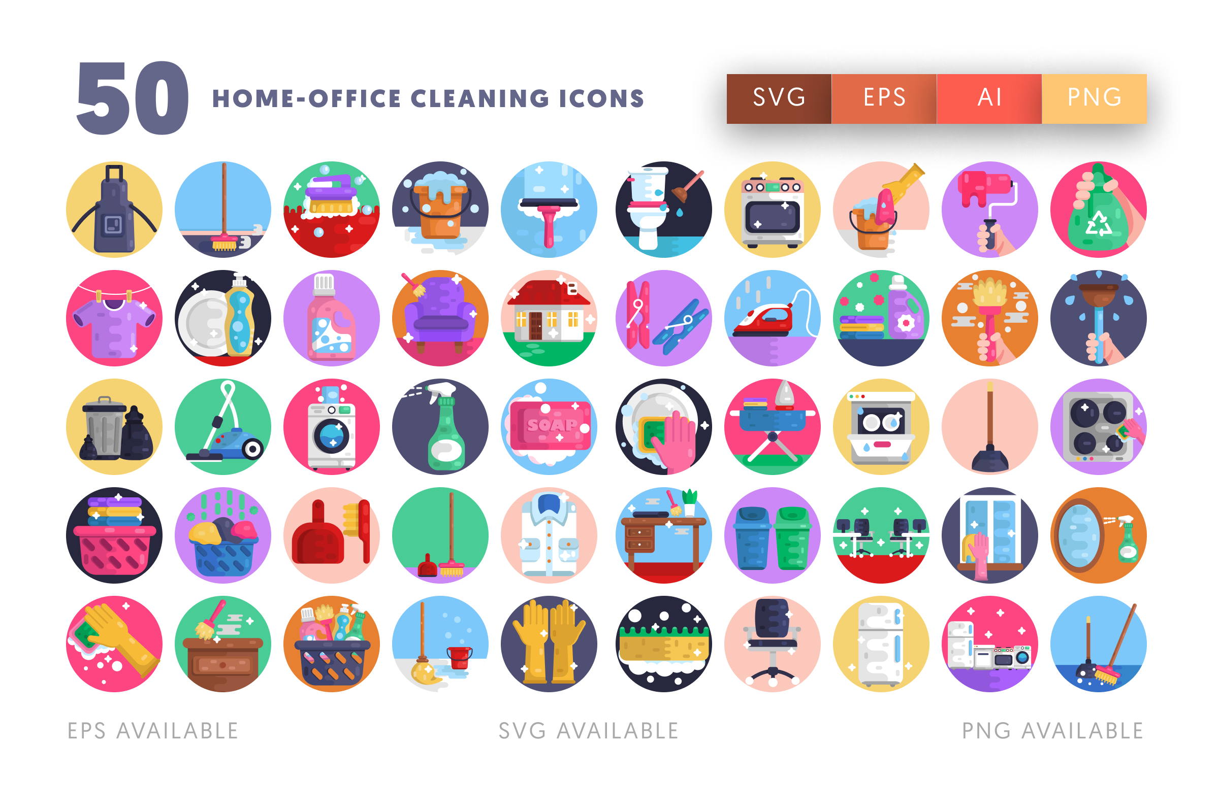 50 Home and Office Cleaning Icons – illustrated icon set