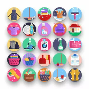 50 Home and Office Cleaning Icons – set of colorful illustrated icons