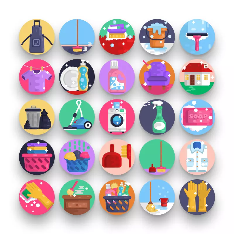 50 Home and Office Cleaning Icons – set of colorful illustrated icons