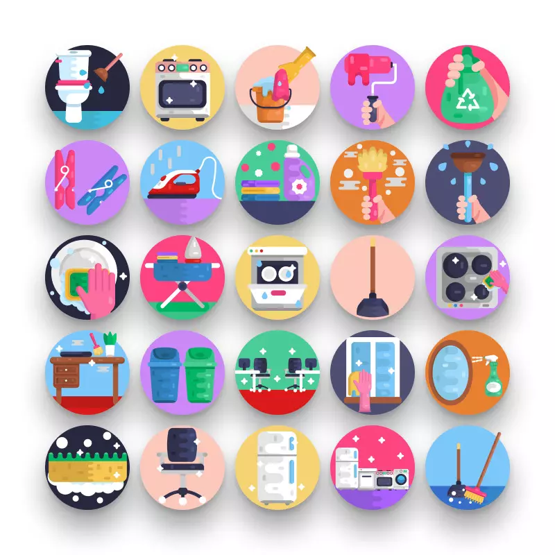 50 Home and Office Cleaning Icons – set of colorful illustrated icons