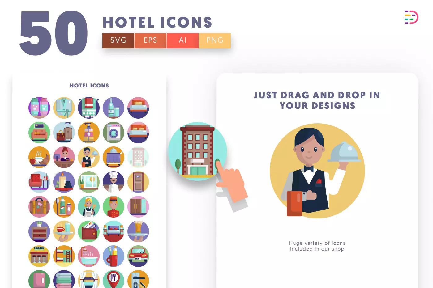 50 Hotel Icons preview 1 – illustrated icons in PNG, SVG and EPS