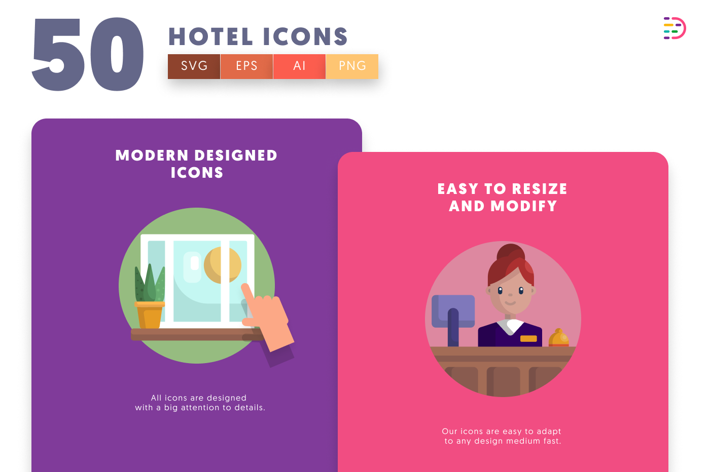 50 Hotel Icons cover – illustrated icons in PNG, SVG and EPS