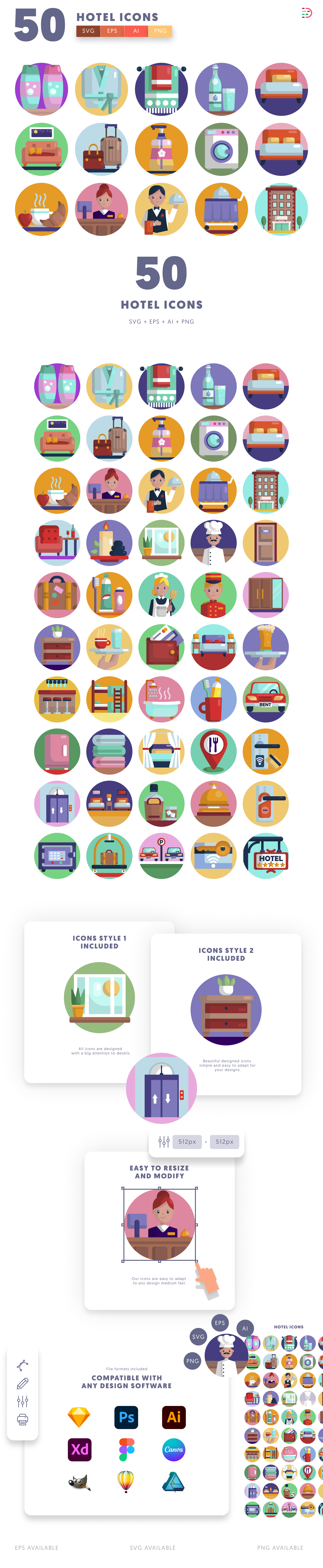 50 Hotel Icons cover – illustrated icons in PNG, SVG and EPS