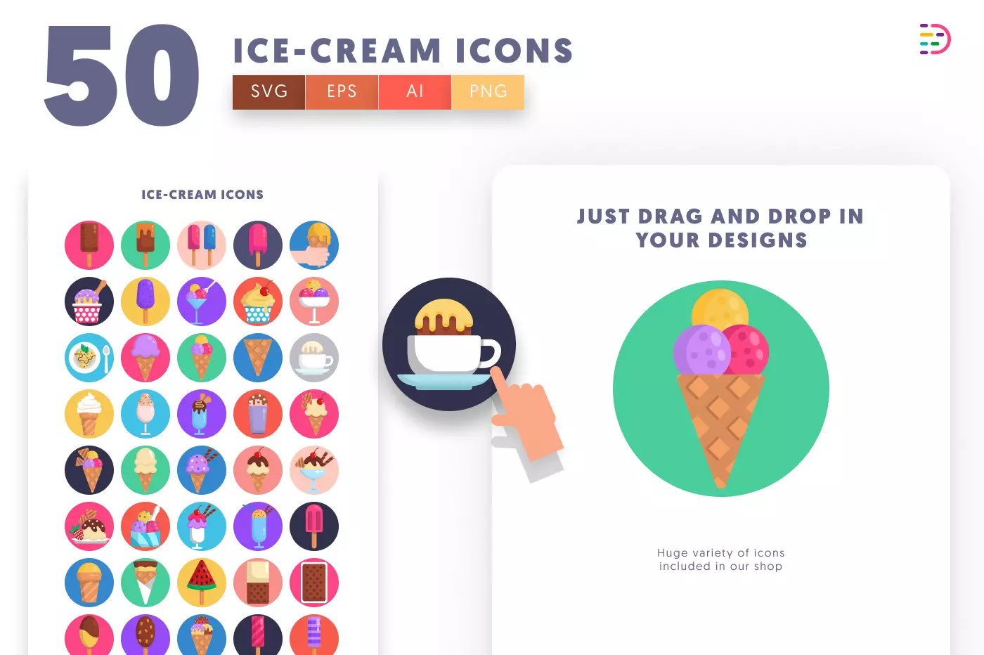50 Ice Cream Icons preview 1 – illustrated icons in PNG, SVG and EPS