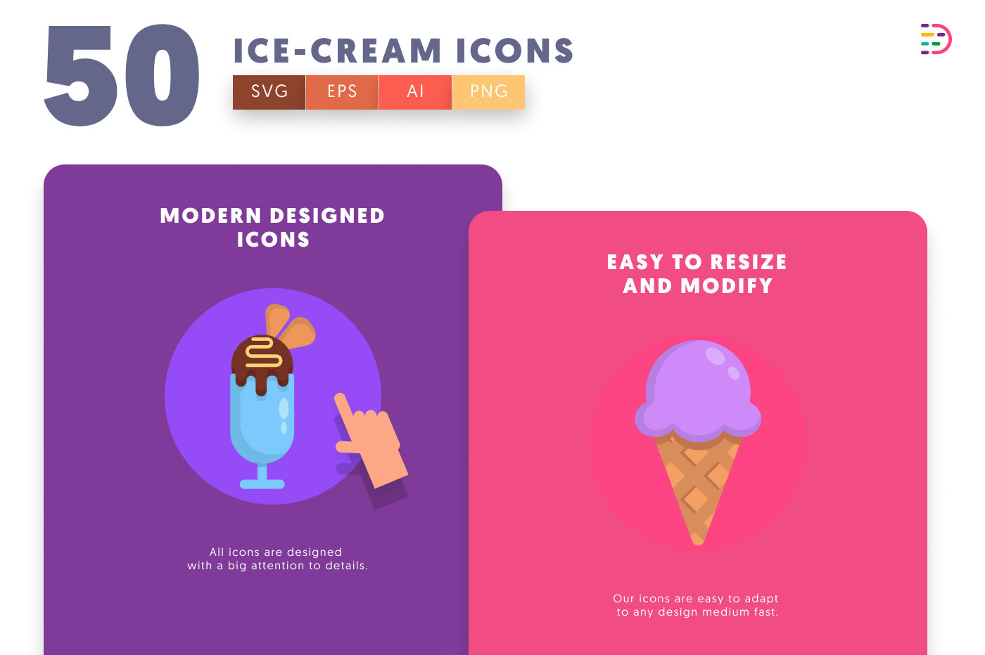 50 Ice Cream Icons cover – illustrated icons in PNG, SVG and EPS