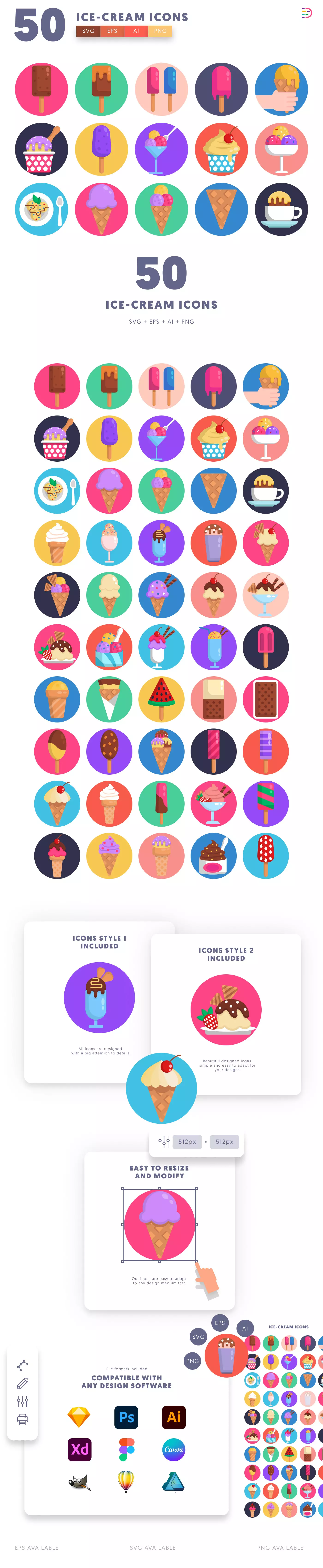 50 Ice Cream Icons cover – illustrated icons in PNG, SVG and EPS