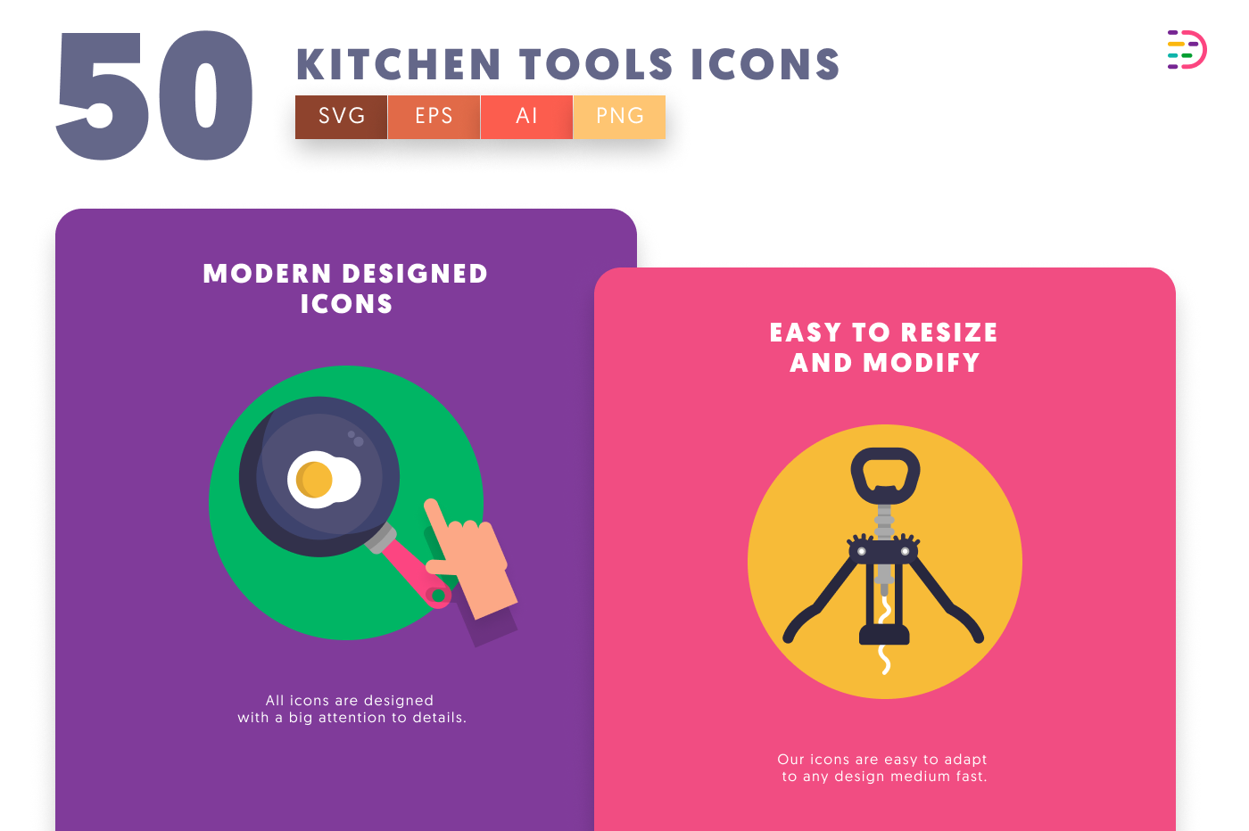50 Kitchen Tools Icons cover – illustrated icons in PNG, SVG and EPS