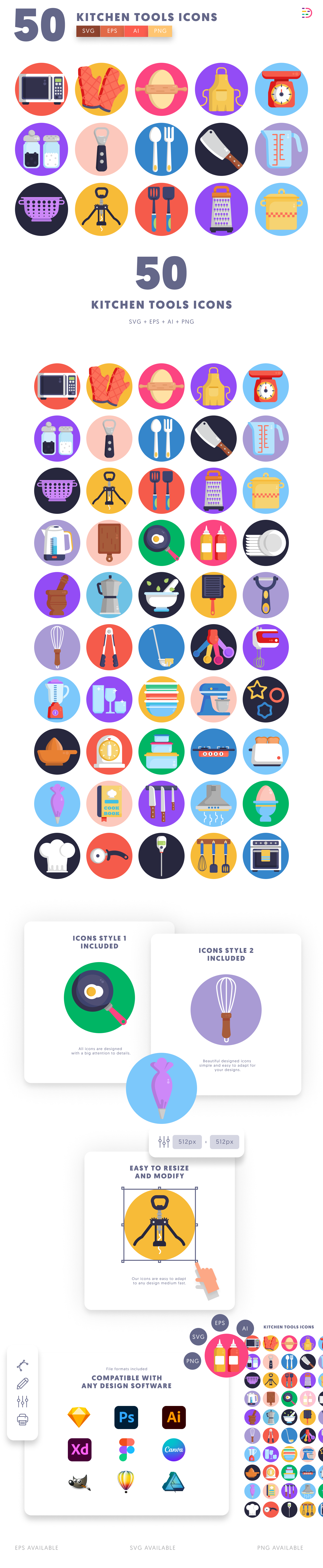 50 Kitchen Tools Icons cover – illustrated icons in PNG, SVG and EPS
