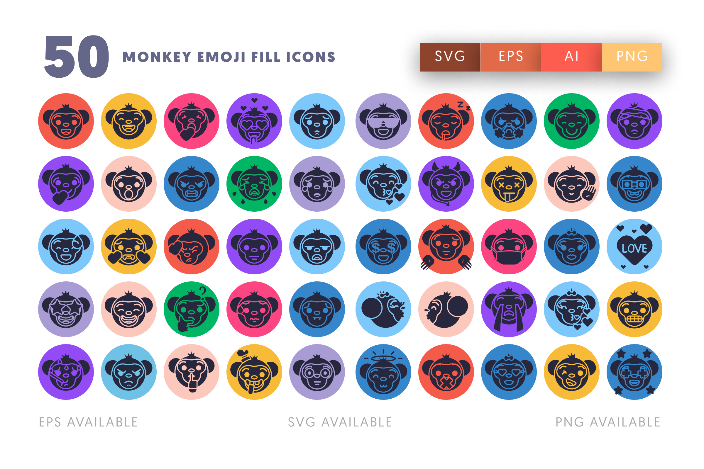 50 Monkey Emoji Fill Icons – illustrated icon set