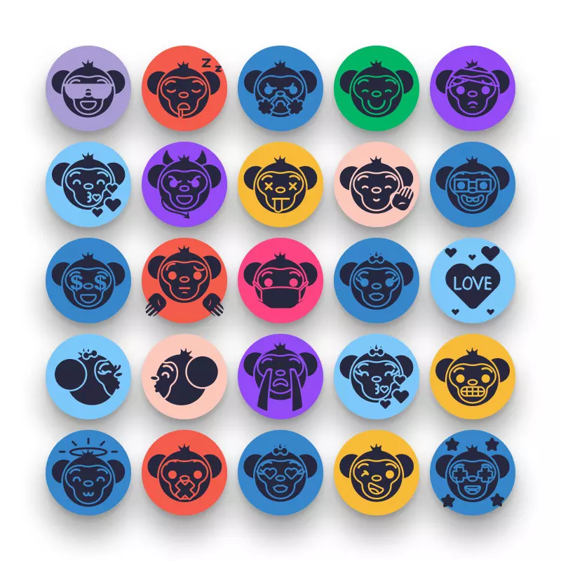 50 Monkey Emoji Fill Icons – set of colorful illustrated icons