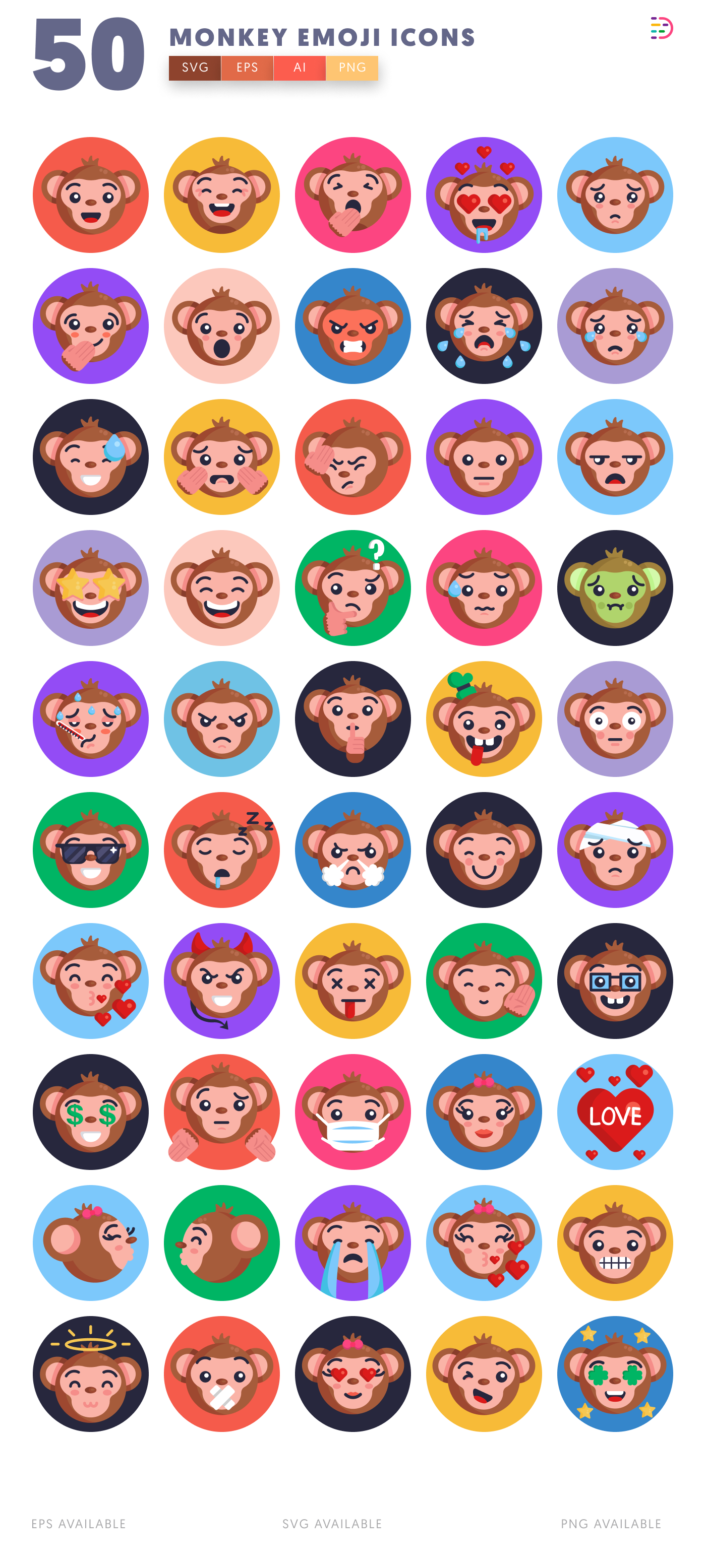 50 Monkey Emoji Icons – all icons in the set