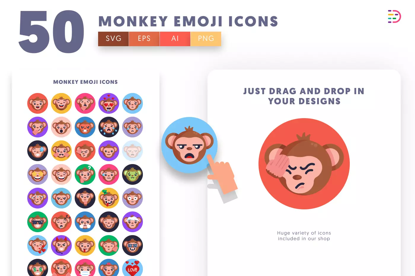 50 Monkey Emoji Icons preview 1 – illustrated icons in PNG, SVG and EPS