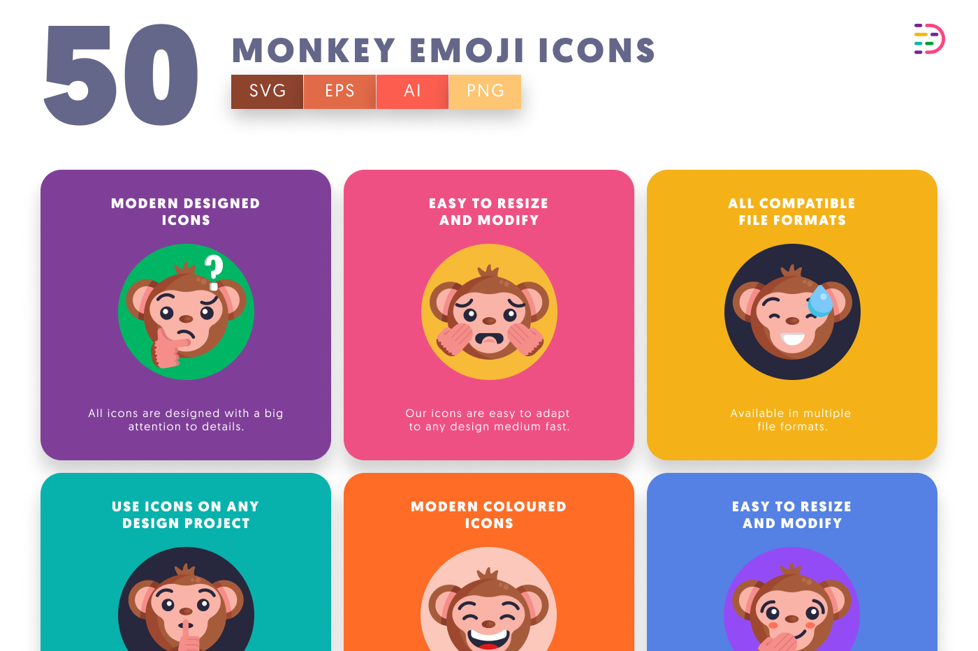 50 Monkey Emoji Icons preview 5 – illustrated icons in PNG, SVG and EPS