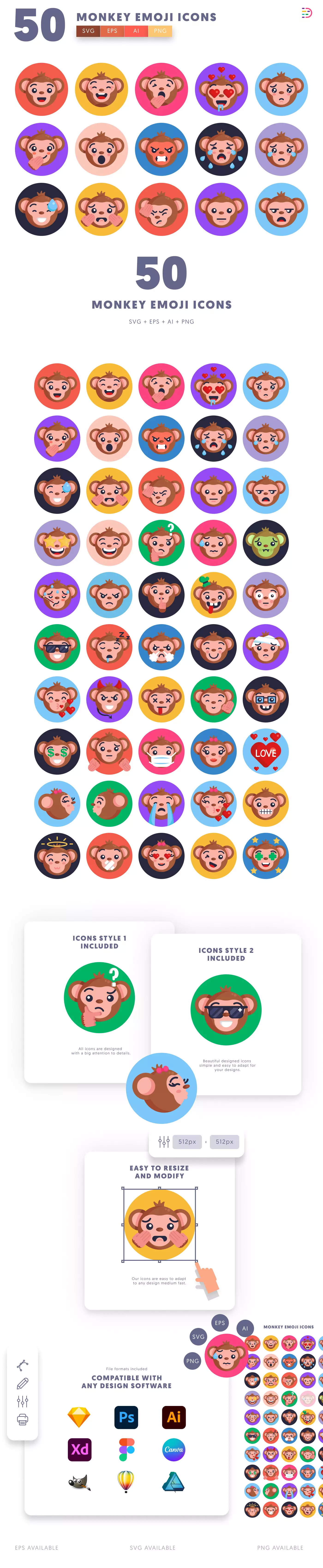50 Monkey Emoji Icons cover – illustrated icons in PNG, SVG and EPS