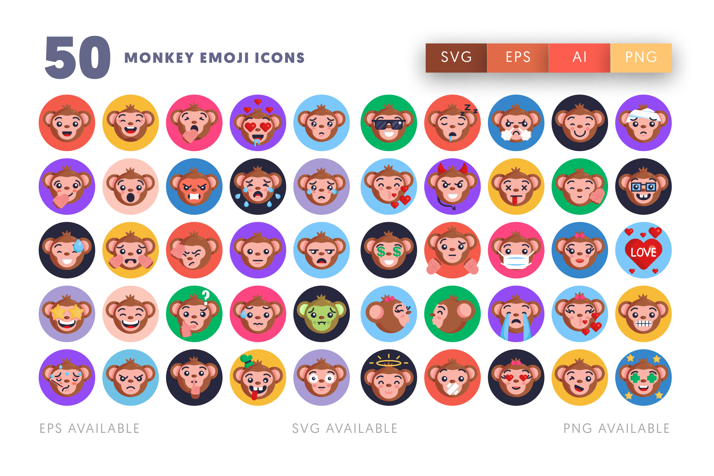 50 Monkey Emoji Icons – illustrated icon set