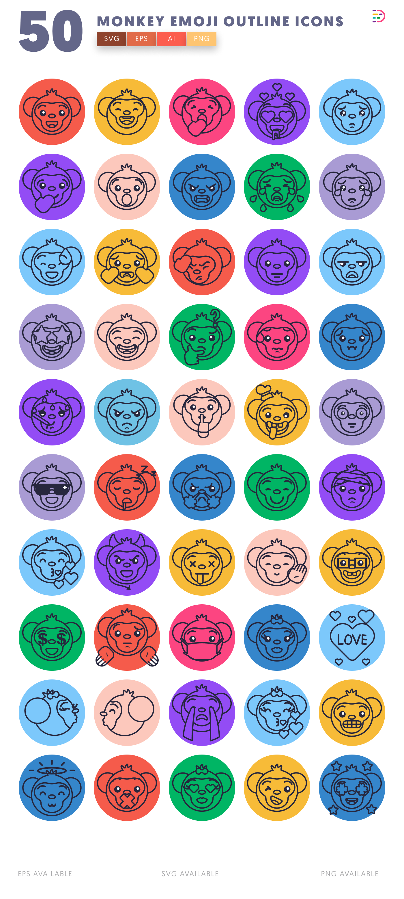 50 Monkey Emoji Outline Icons – all icons in the set