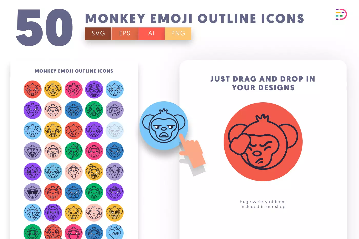 50 Monkey Emoji Outline Icons preview 1 – illustrated icons in PNG, SVG and EPS