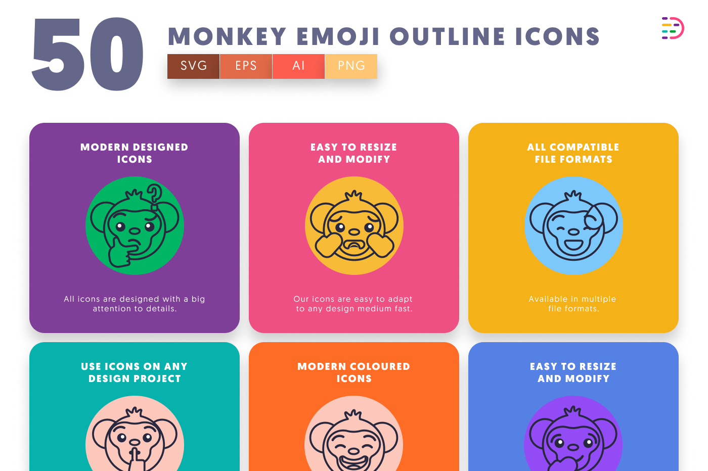 50 Monkey Emoji Outline Icons preview 5 – illustrated icons in PNG, SVG and EPS