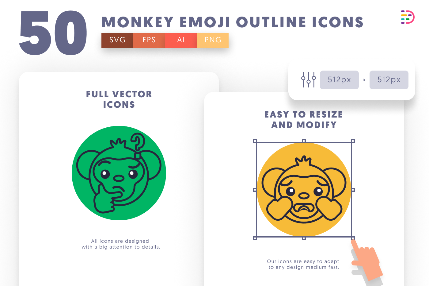 50 Monkey Emoji Outline Icons preview 6 – illustrated icons in PNG, SVG and EPS