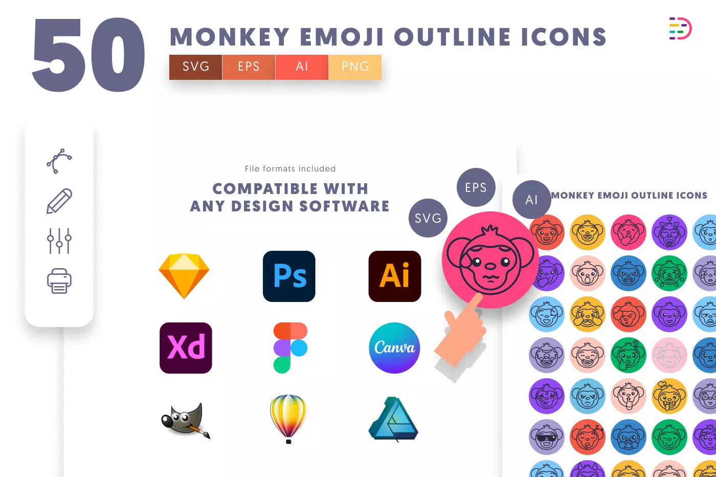 50 Monkey Emoji Outline Icons preview 8 – illustrated icons in PNG, SVG and EPS