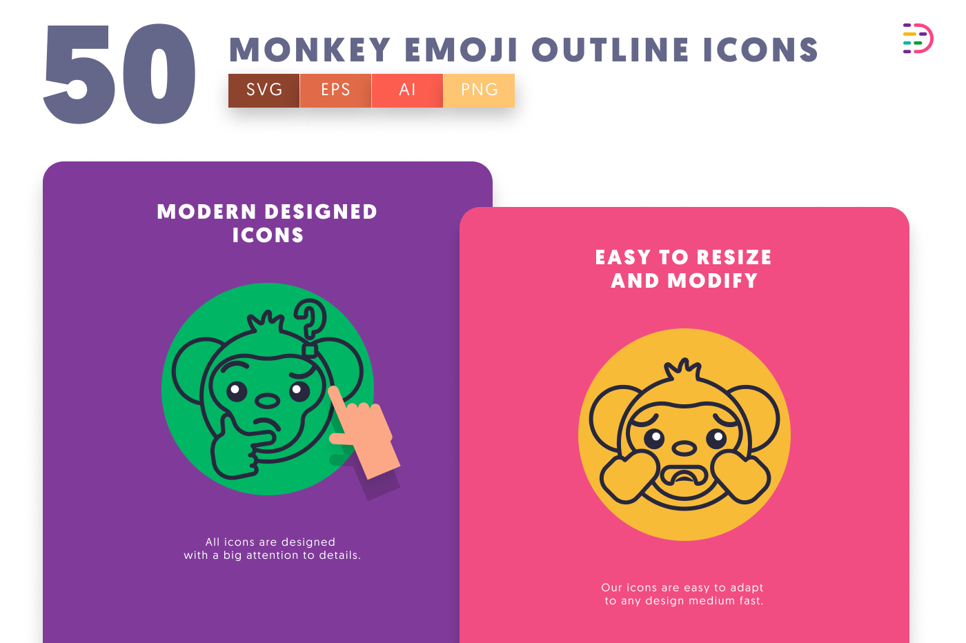 50 Monkey Emoji Outline Icons cover – illustrated icons in PNG, SVG and EPS