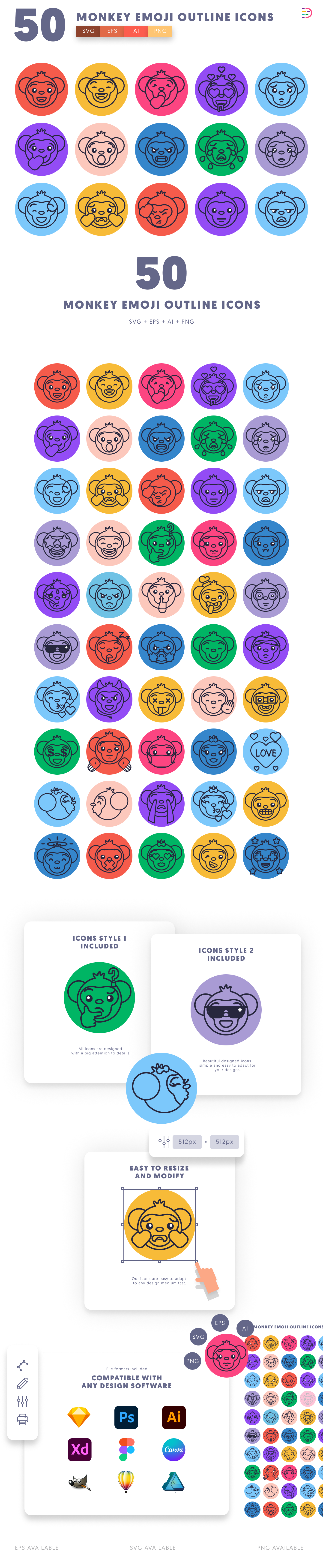 50 Monkey Emoji Outline Icons cover – illustrated icons in PNG, SVG and EPS