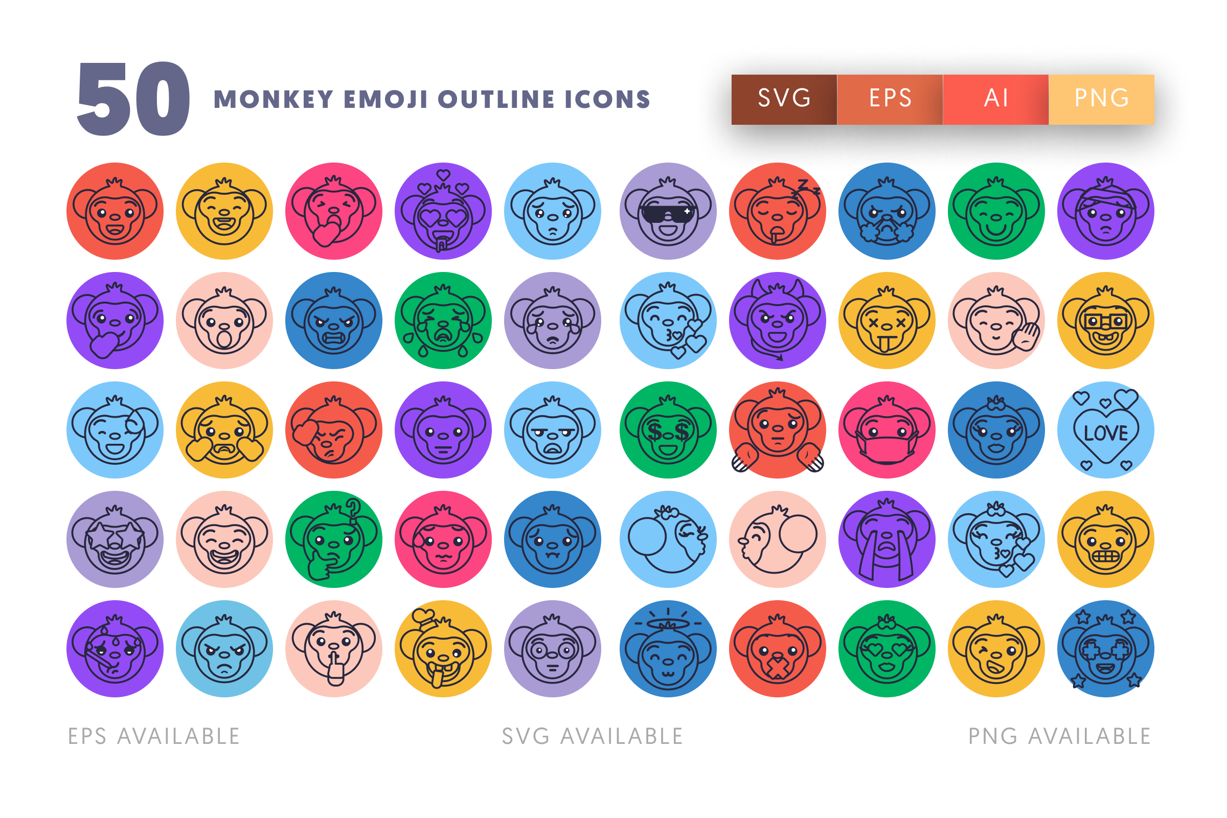 50 Monkey Emoji Outline Icons – illustrated icon set
