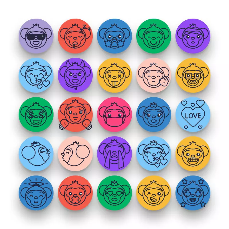 50 Monkey Emoji Outline Icons – set of colorful illustrated icons