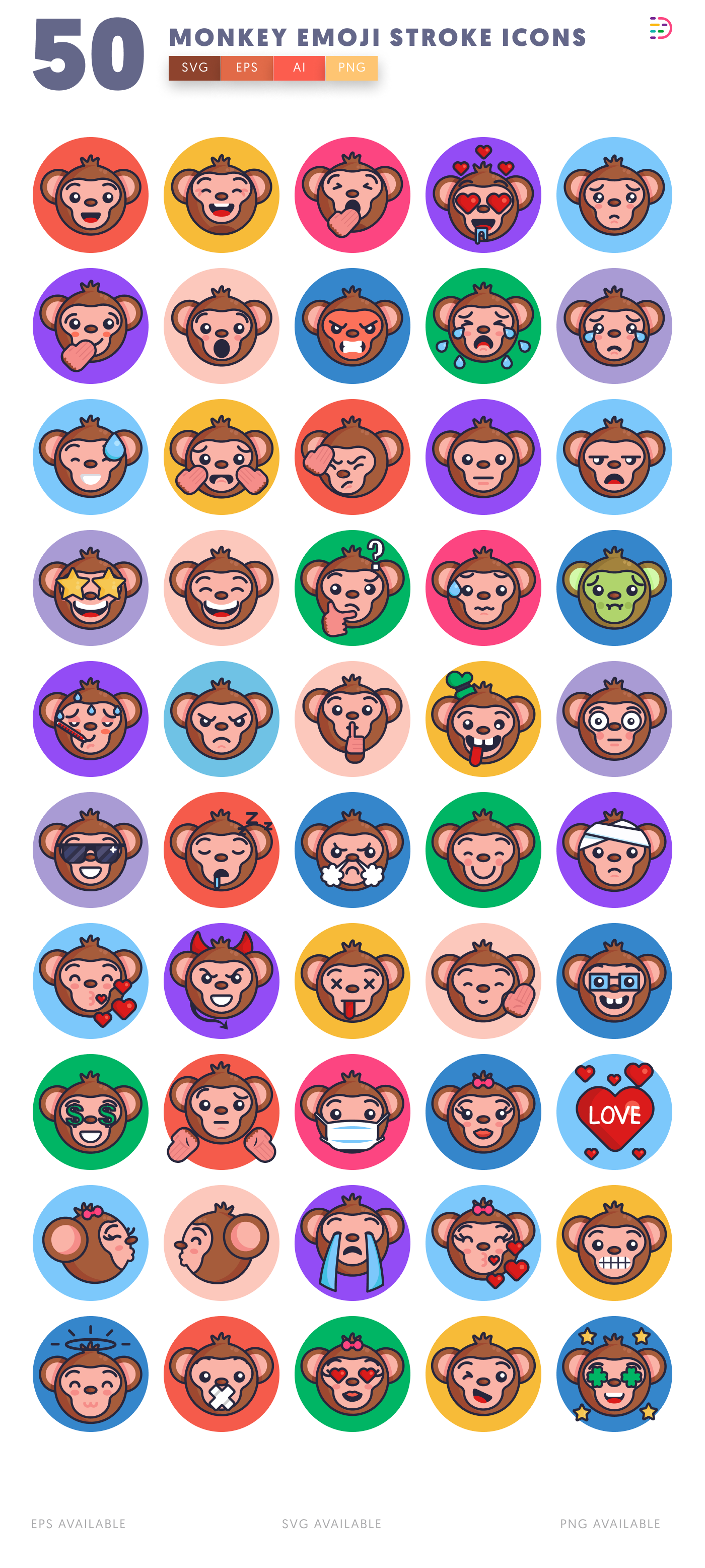 50 Monkey Emoji Stroke Icons – all icons in the set