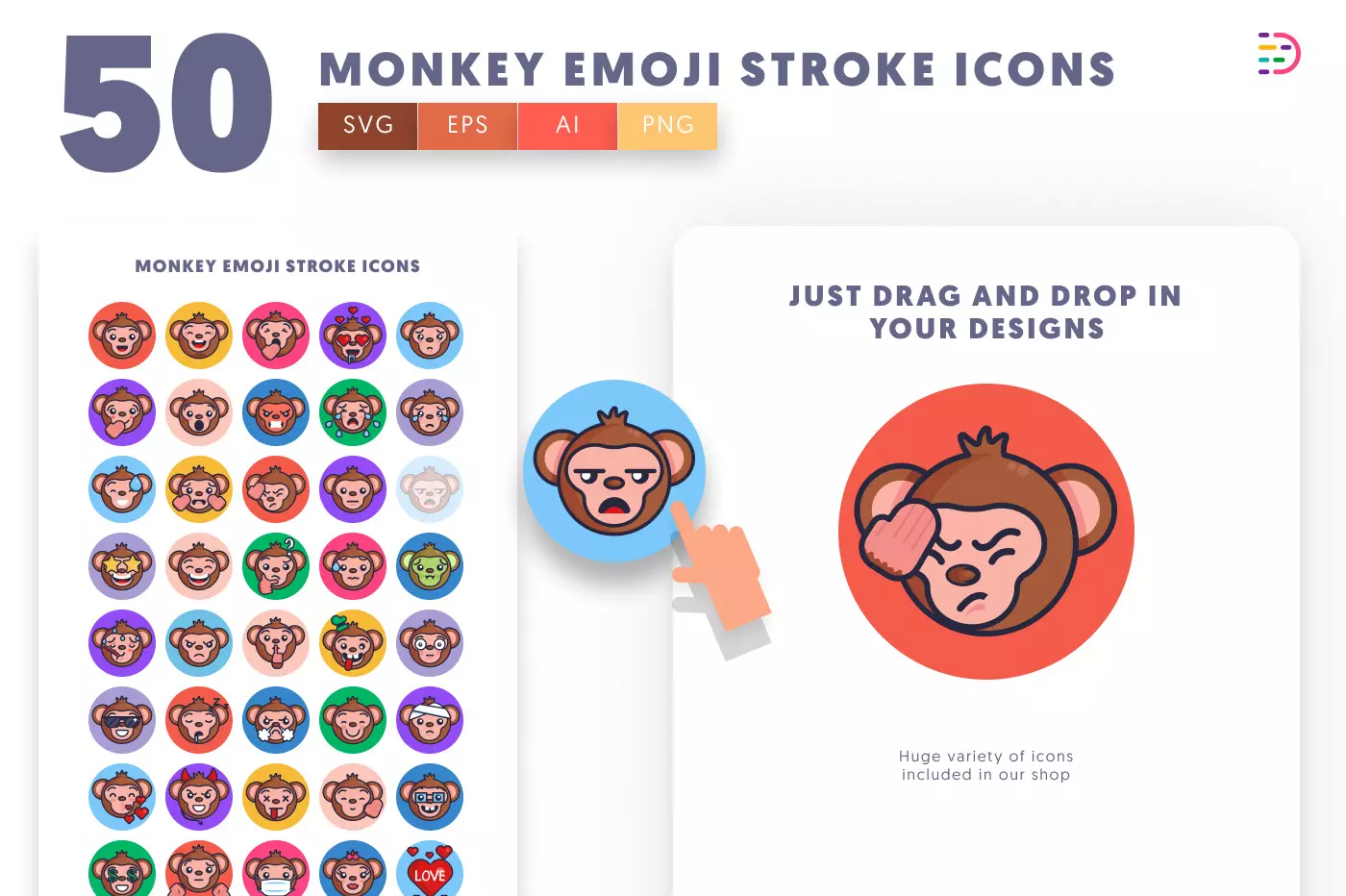 50 Monkey Emoji Stroke Icons preview 1 – flat circle icons in PNG, SVG and EPS