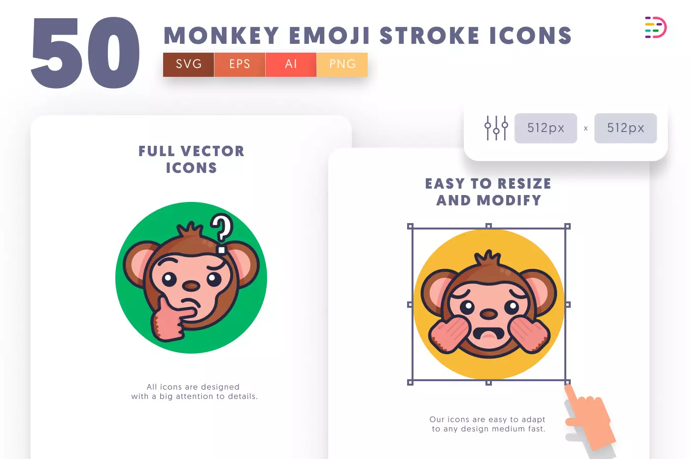 50 Monkey Emoji Stroke Icons preview 6 – flat circle icons in PNG, SVG and EPS