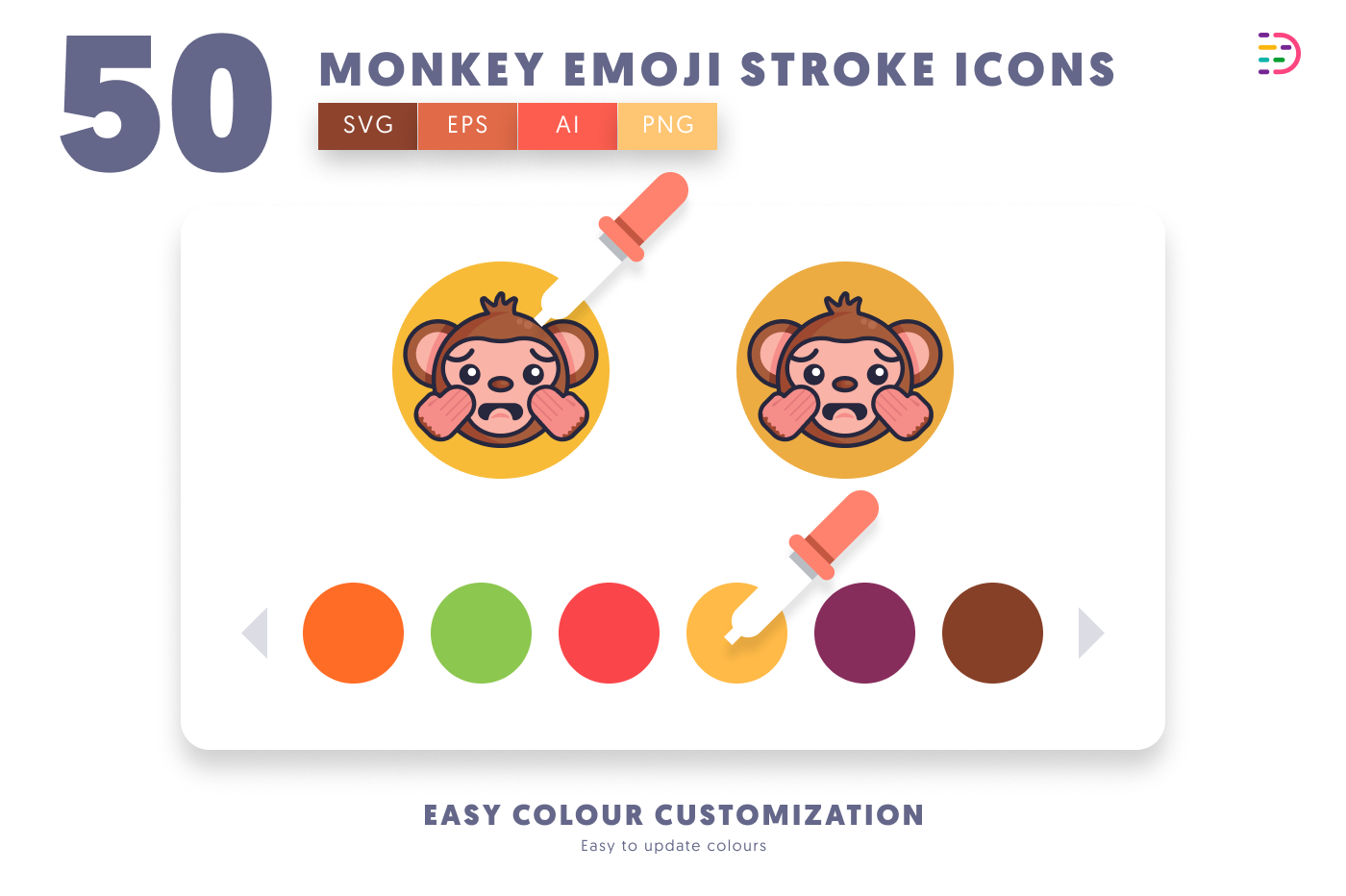 50 Monkey Emoji Stroke Icons preview 7 – flat circle icons in PNG, SVG and EPS