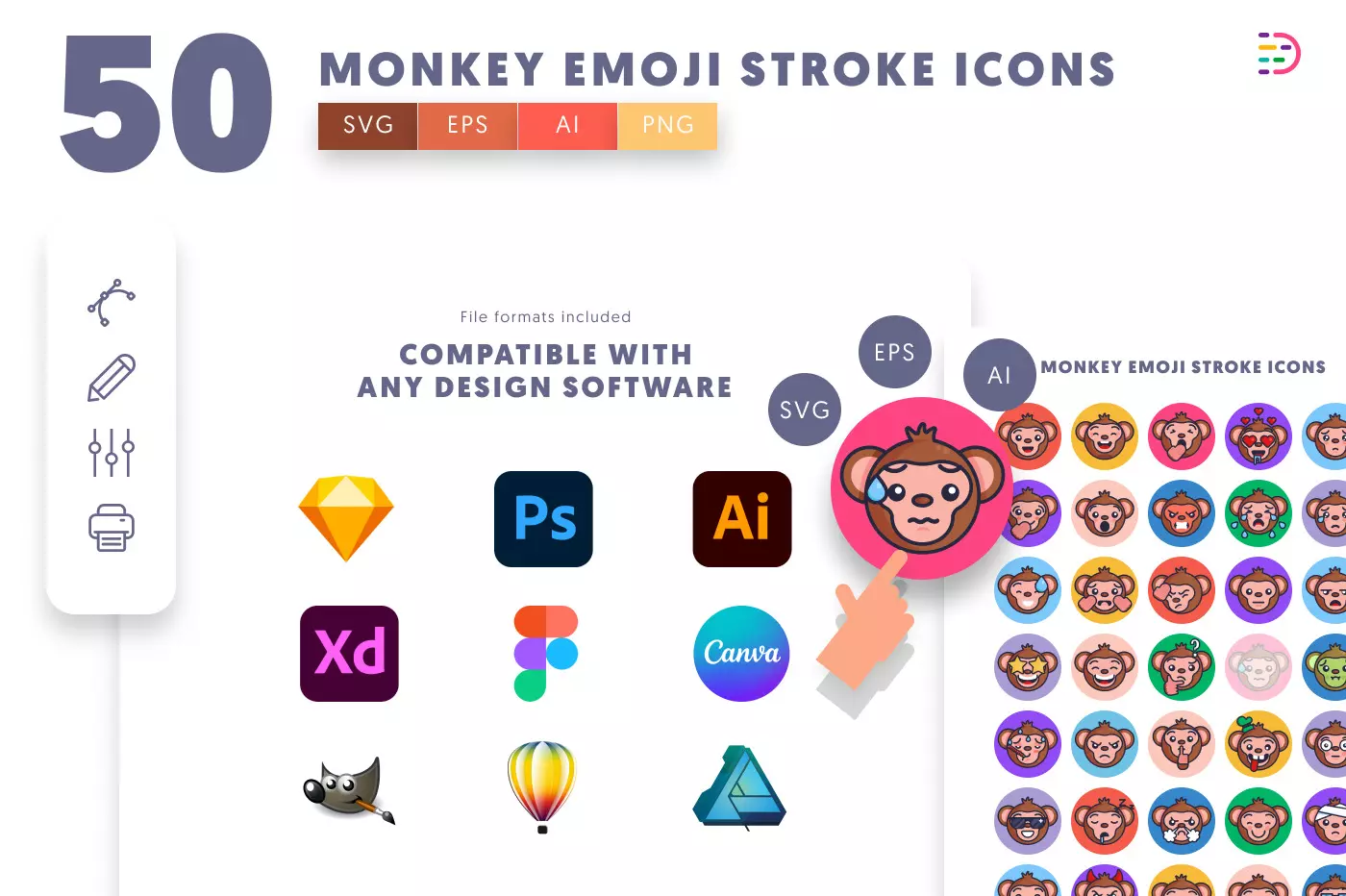50 Monkey Emoji Stroke Icons preview 8 – flat circle icons in PNG, SVG and EPS