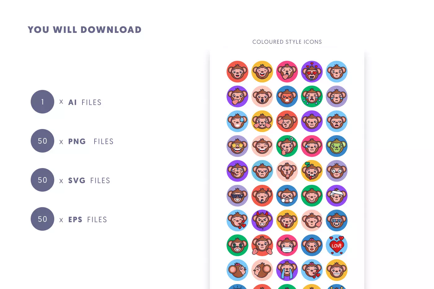 50 Monkey Emoji Stroke Icons preview 9 – flat circle icons in PNG, SVG and EPS