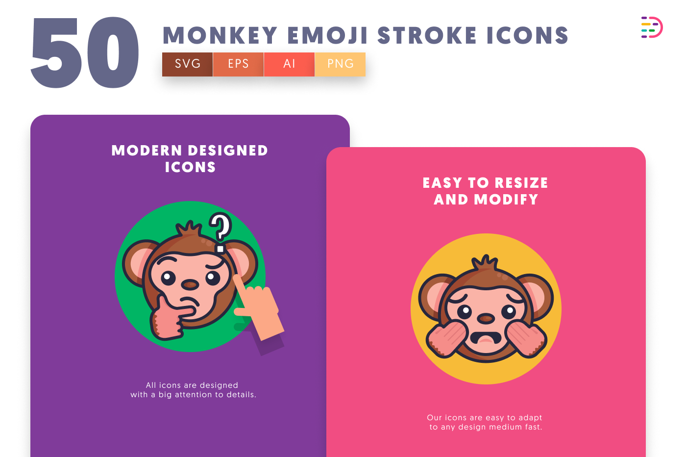 50 Monkey Emoji Stroke Icons cover – flat circle icons in PNG, SVG and EPS