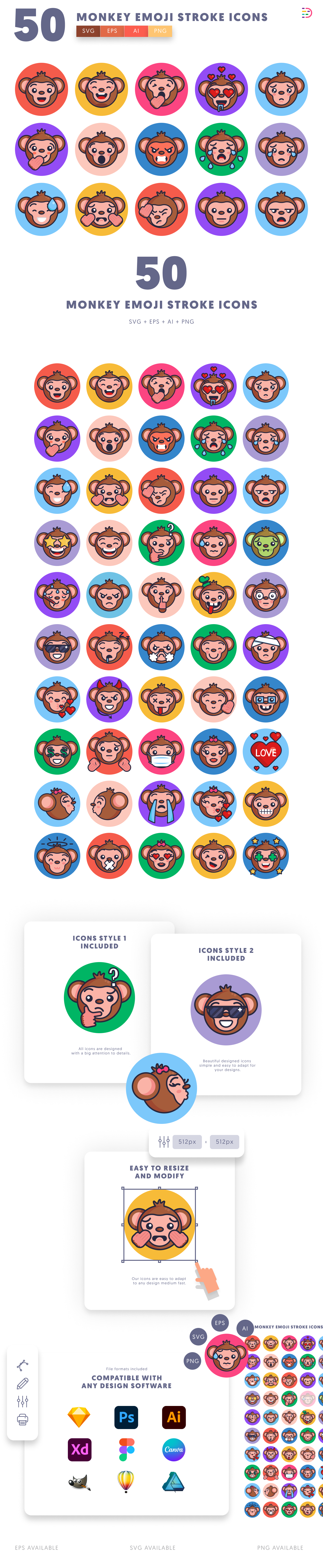 50 Monkey Emoji Stroke Icons cover – flat circle icons in PNG, SVG and EPS