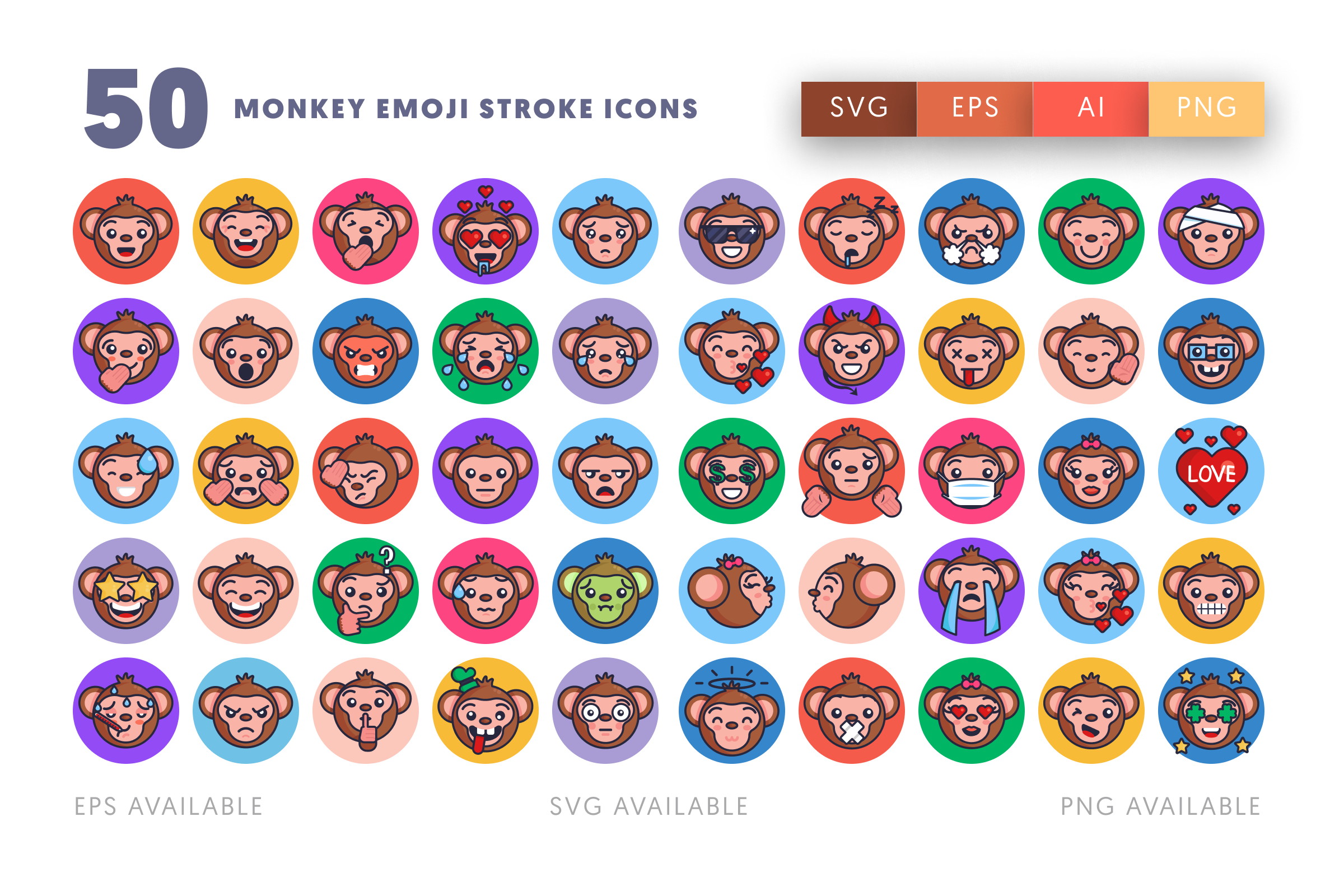 50 Monkey Emoji Stroke Icons – flat circle icon set
