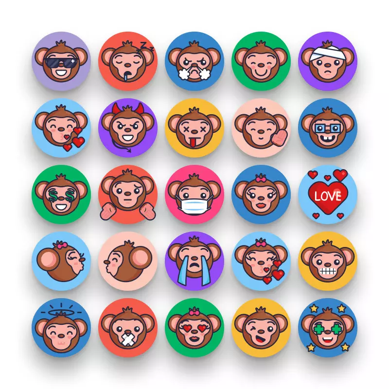 50 Monkey Emoji Stroke Icons – set of colorful flat circle icons