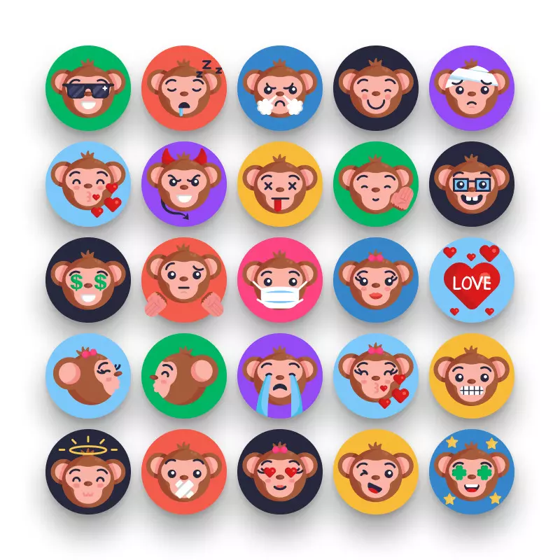 50 Monkey Emoji Icons – set of colorful illustrated icons