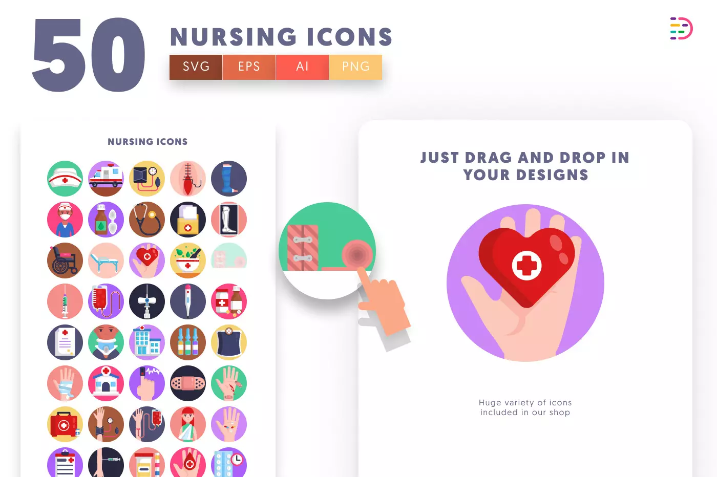 50 Nursing Icons preview 1 – flat circle icons in PNG, SVG and EPS
