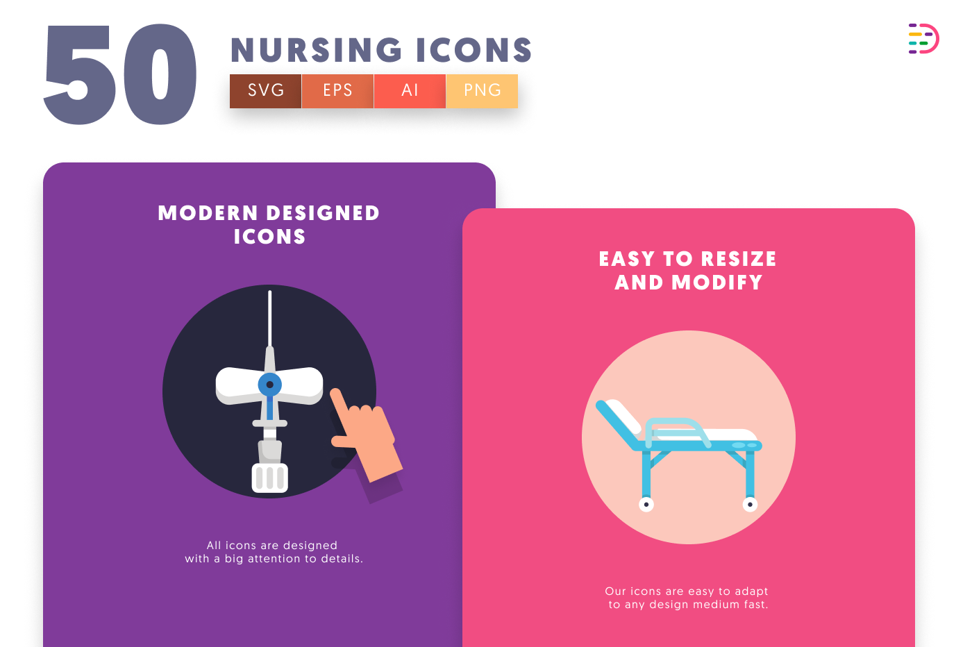 50 Nursing Icons cover – flat circle icons in PNG, SVG and EPS