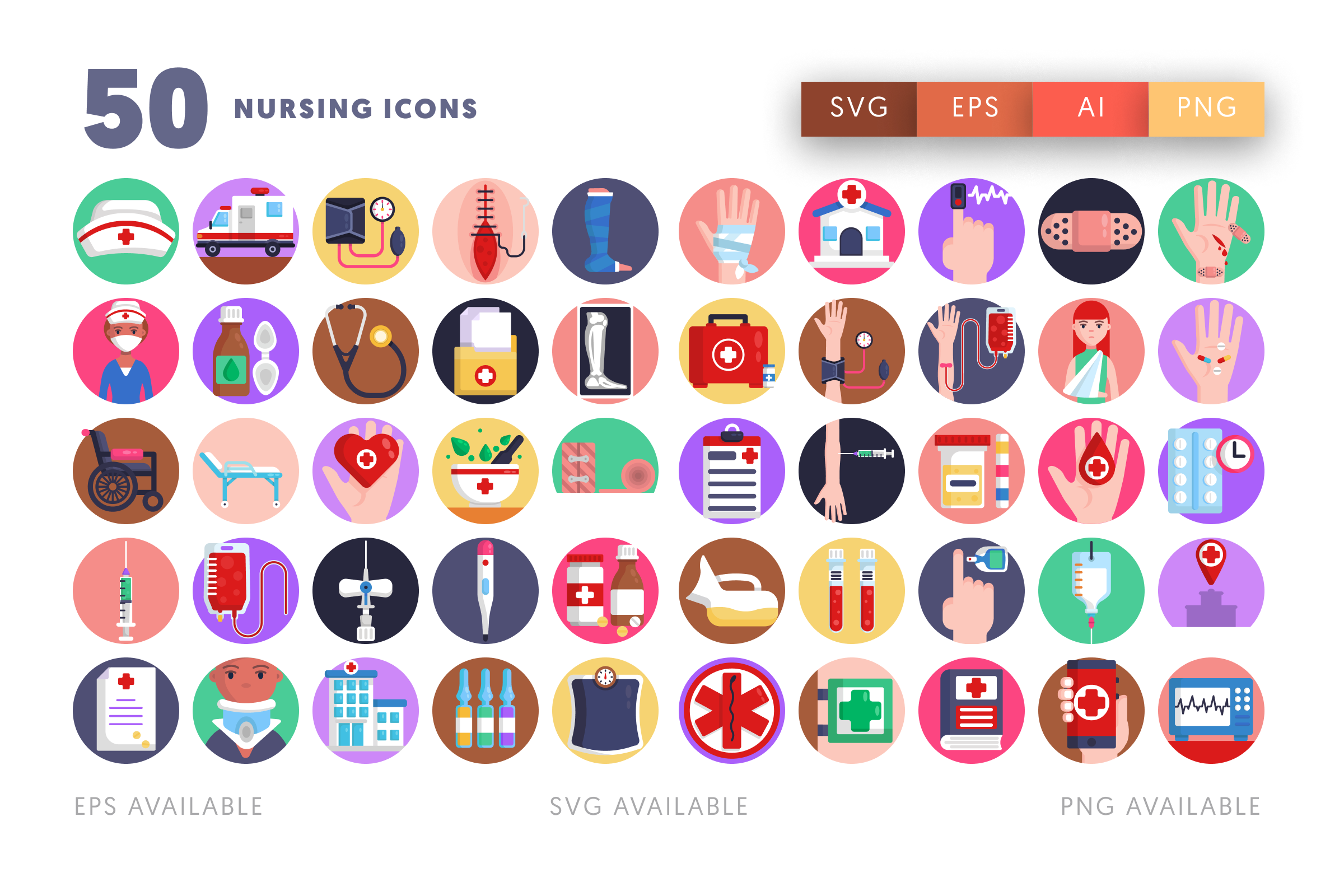50 Nursing Icons – flat circle icon set