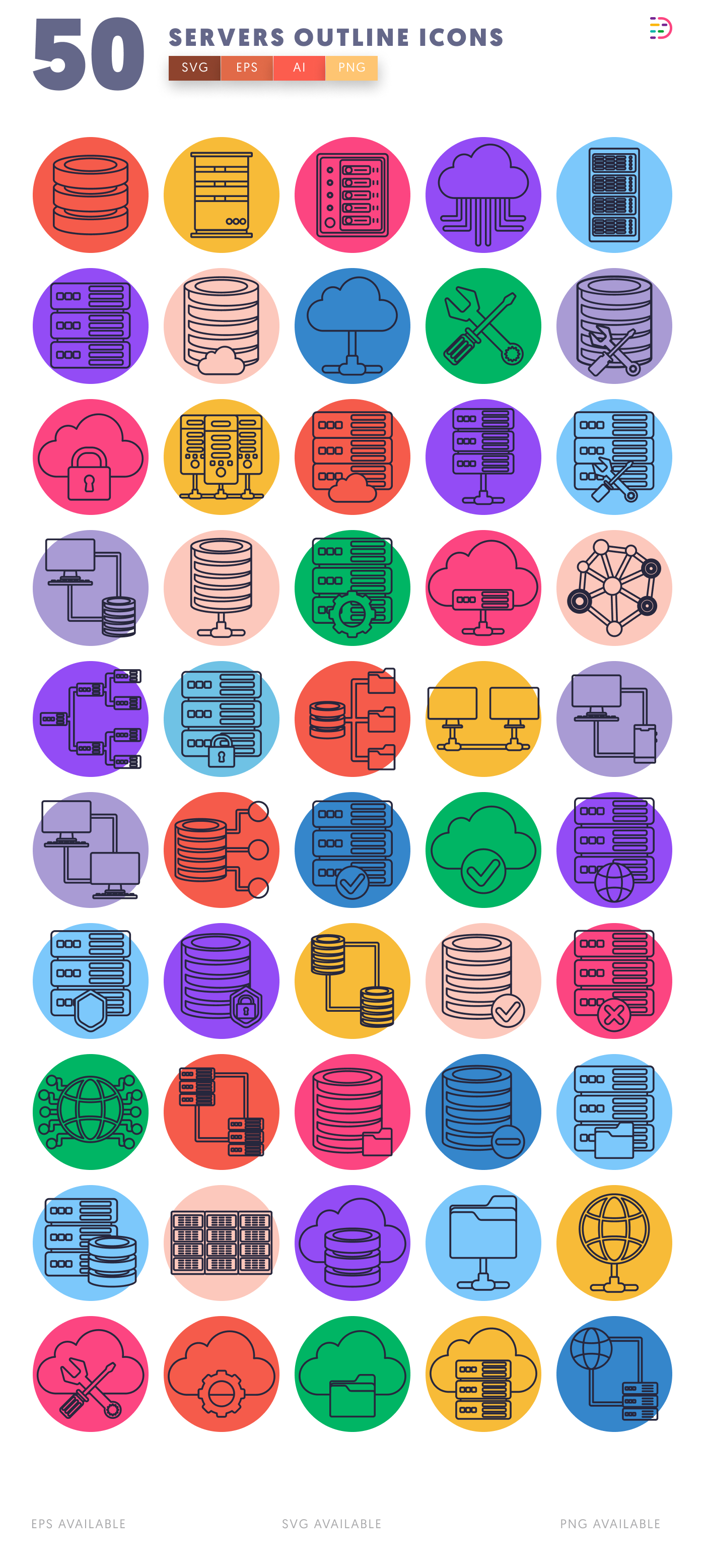 50 Servers Outline Icons – set of colorful illustrated icons