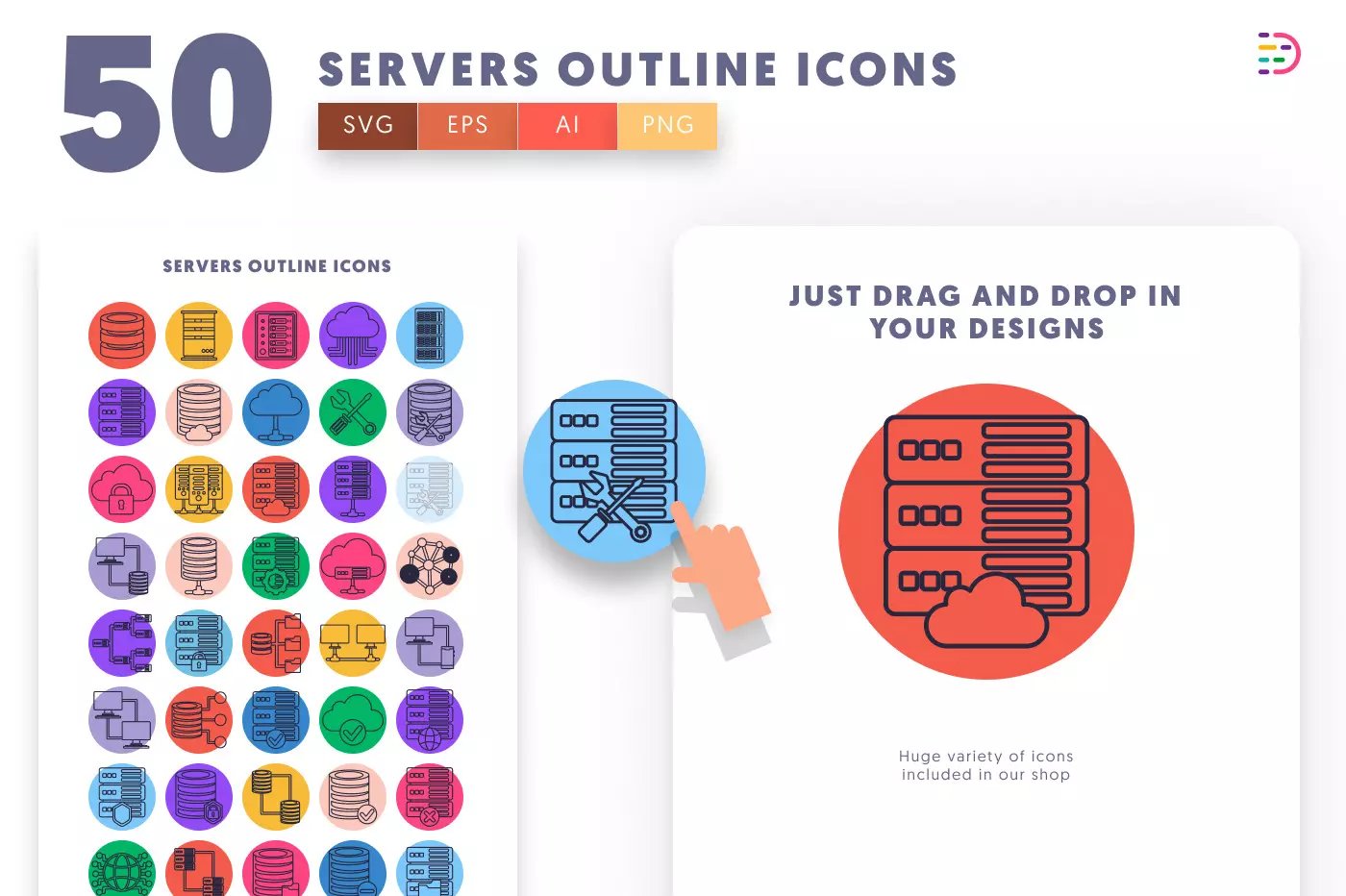 50 Servers Outline Icons – set of colorful illustrated icons