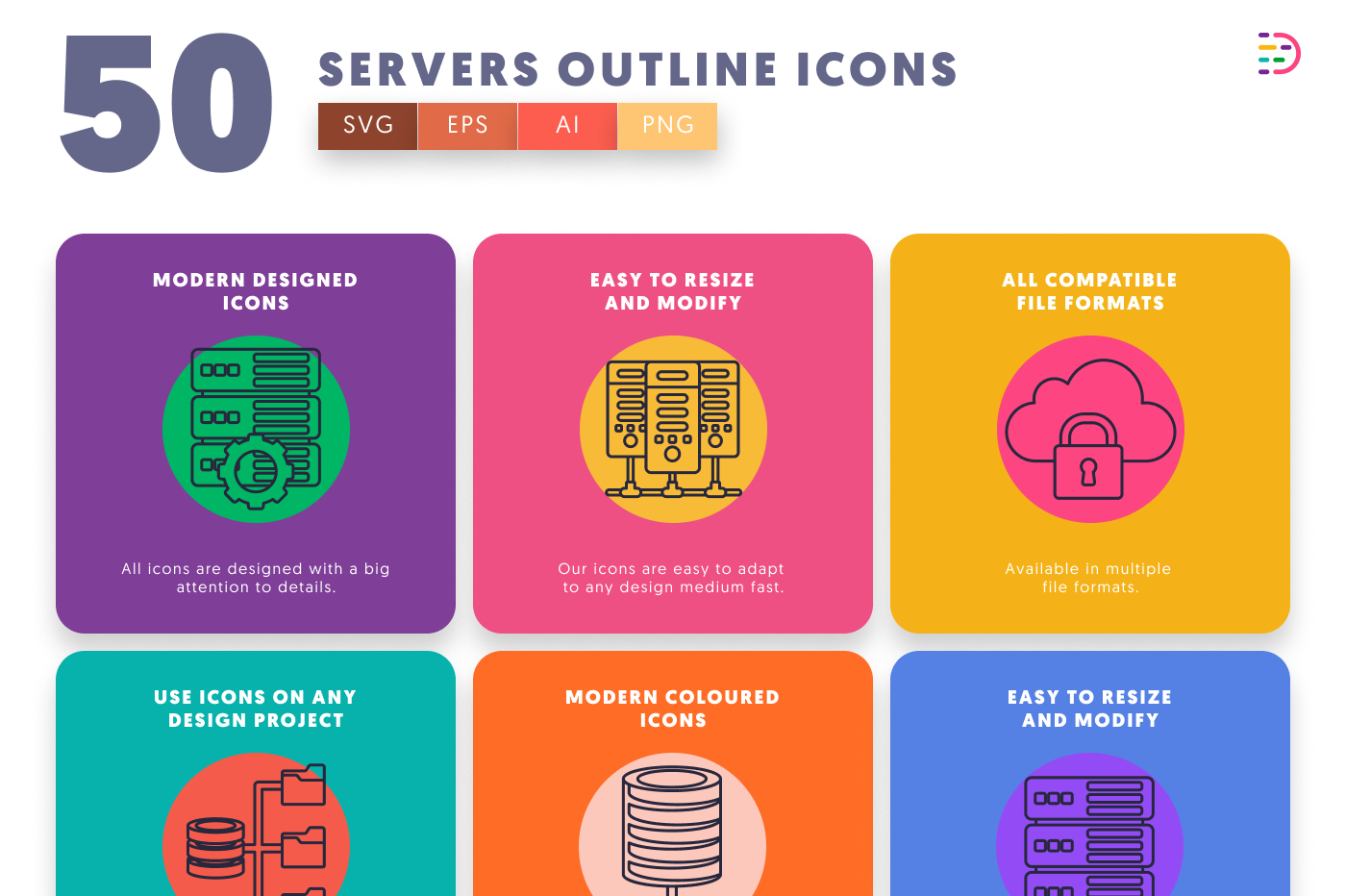 50 Servers Outline Icons – set of colorful illustrated icons