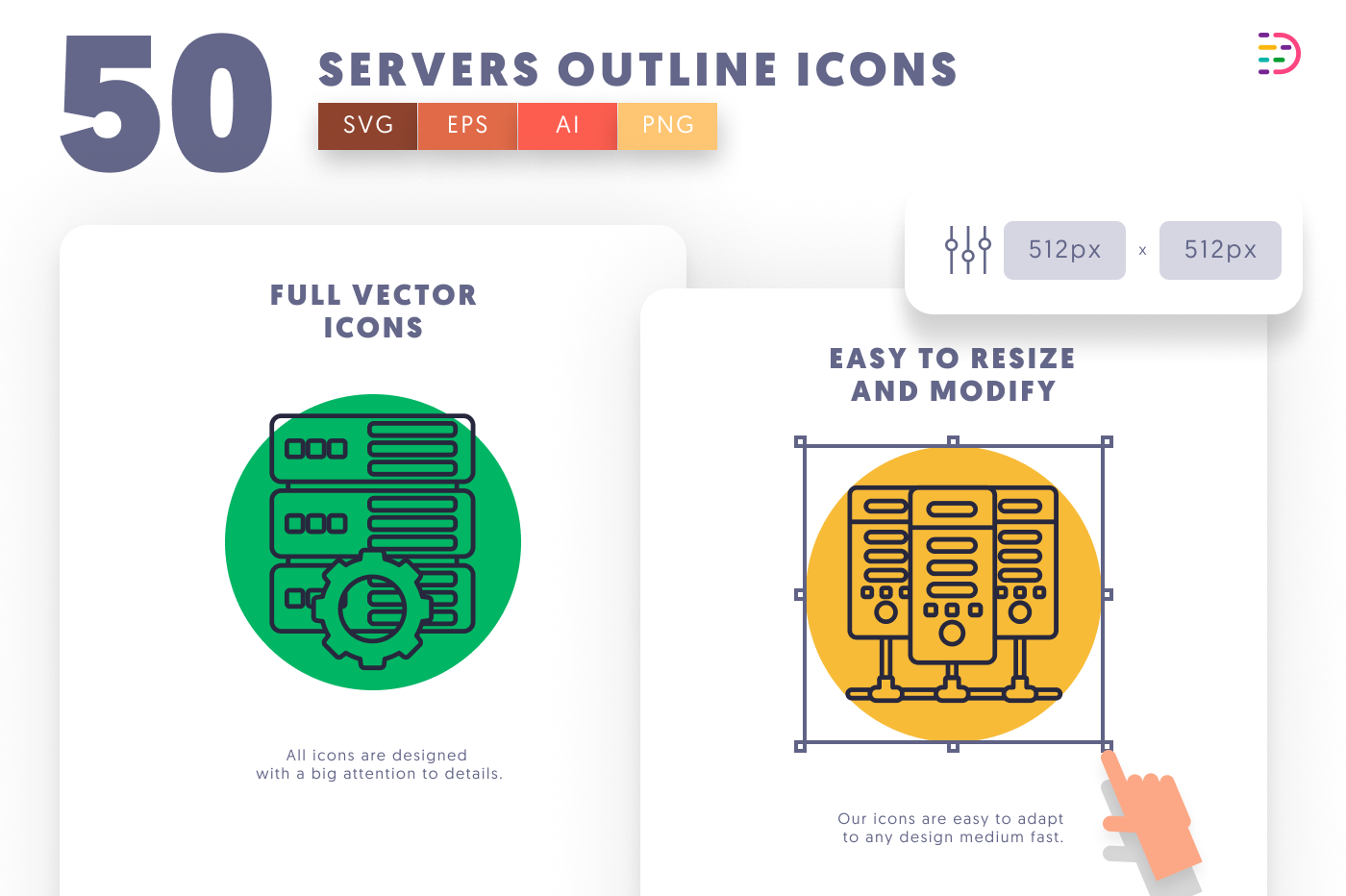 50 Servers Outline Icons – set of colorful illustrated icons