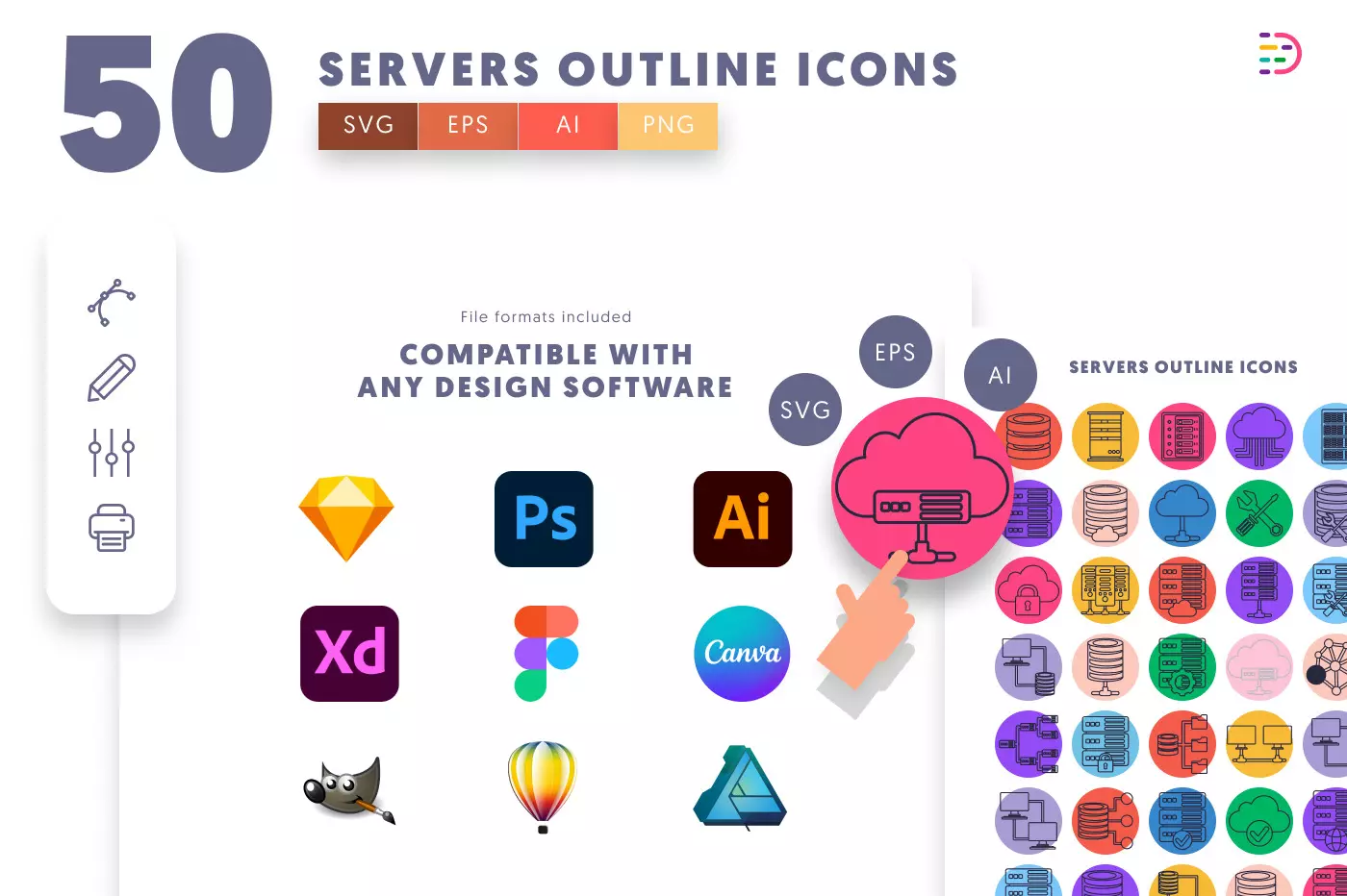50 Servers Outline Icons – set of colorful illustrated icons